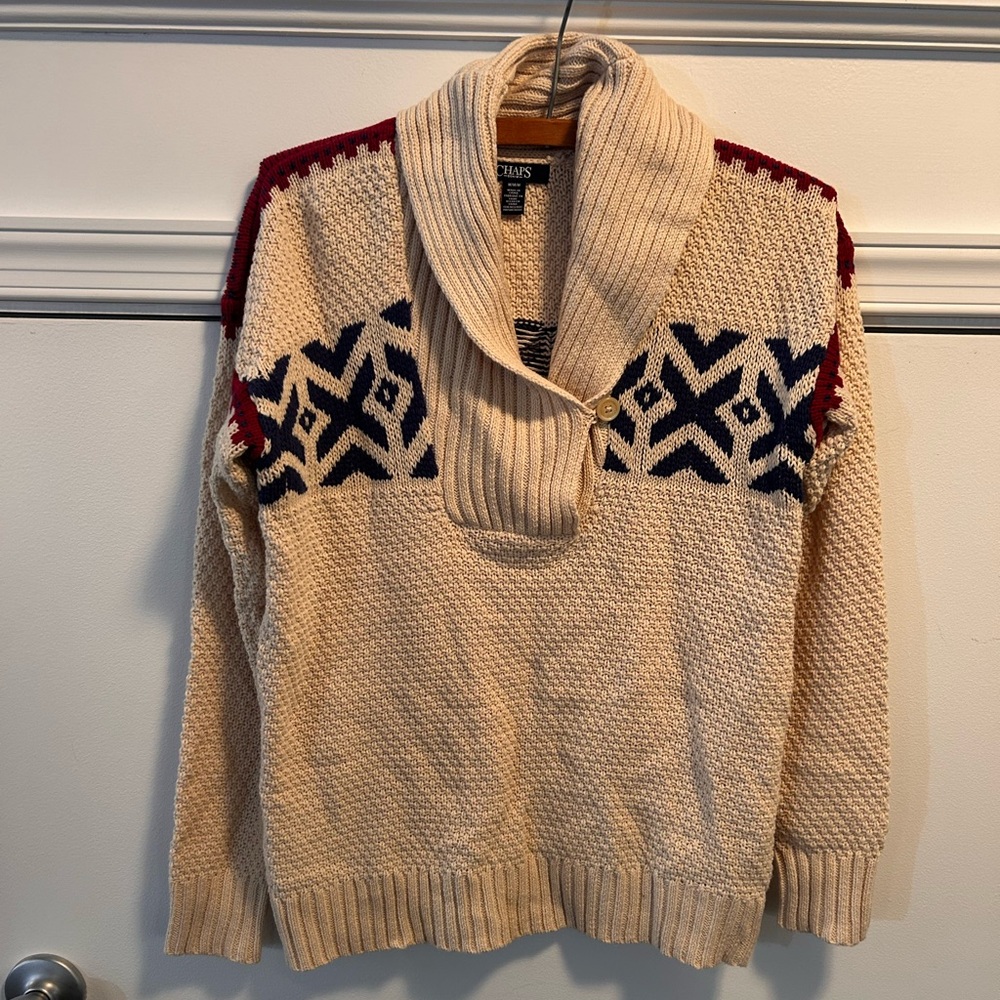Women's Chaps Knitted Sweater Size Medium‎ Blue Maroon Cream Cottagecore